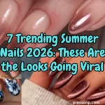 A horizontal four-panel collage showcasing viral summer manicure designs. Layered across the center is stylized bright blue text with a bold black outline that reads: "7 Trending Summer Nails 2026: These Are the Looks Going Viral."