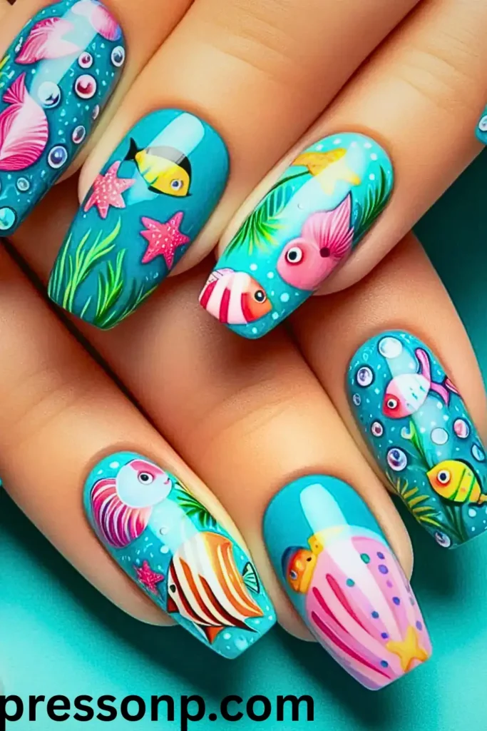 "A vibrant, long-lasting tropical aquarium manicure on medium-length square nails. The design features highly detailed under-the-sea art including colorful tropical fish, pink starfish, and seashells on a bright turquoise base. The thick, high-gloss gel top coat illustrates the protection needed to withstand salt water and sunscreen for over 2 weeks."