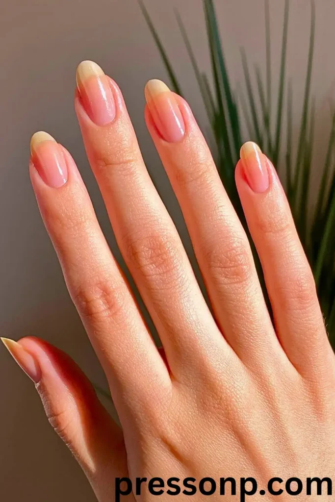 "Natural-length oval nails with a sheer, glossy peach-to-yellow gradient finish. The 'syrup nail' effect is achieved with translucent jelly polish, showcasing a clean and sophisticated base for tropical art on natural nails. Watermarked with pressonp.com."