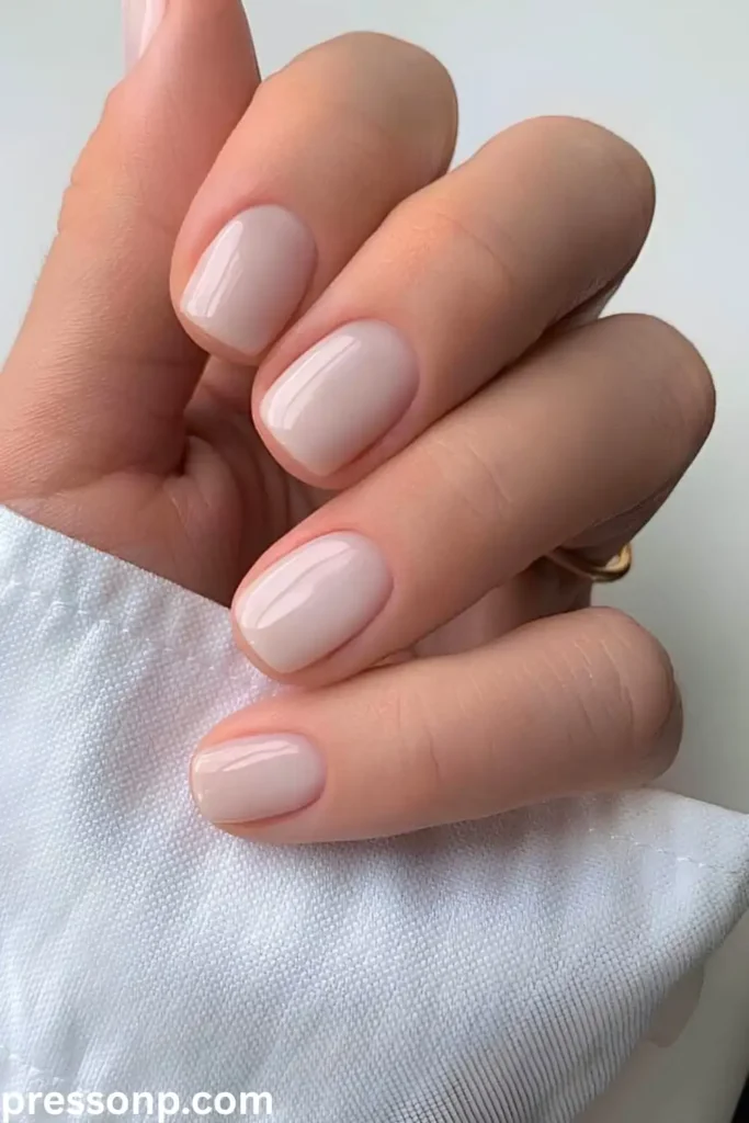 A close-up of a hand with short, squoval-shaped nails featuring a high-gloss, semi-translucent milky nude-pink manicure.
