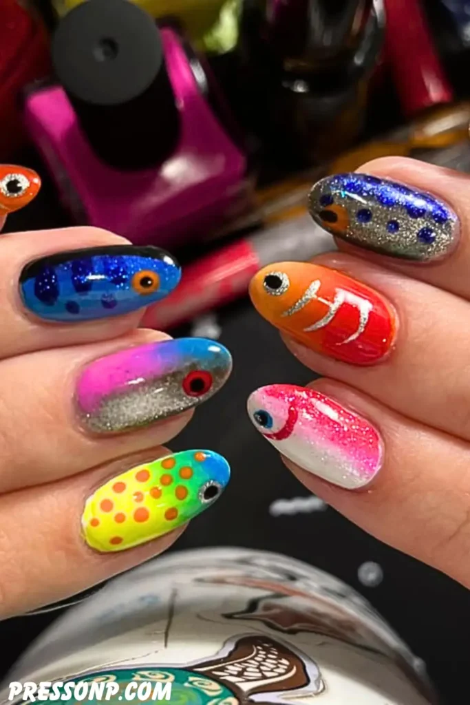 A close-up of natural rounded nails featuring a clear, glossy base coat decorated with hyper-detailed, hand-painted orange and yellow goldfish swimming across the tips.