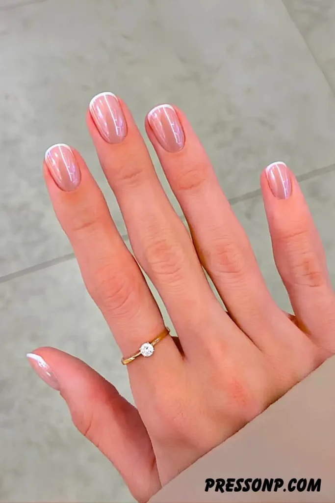 A close-up of short, cleanly shaped squoval nails painted in a minimalist, high-gloss semi-translucent cool white polish.