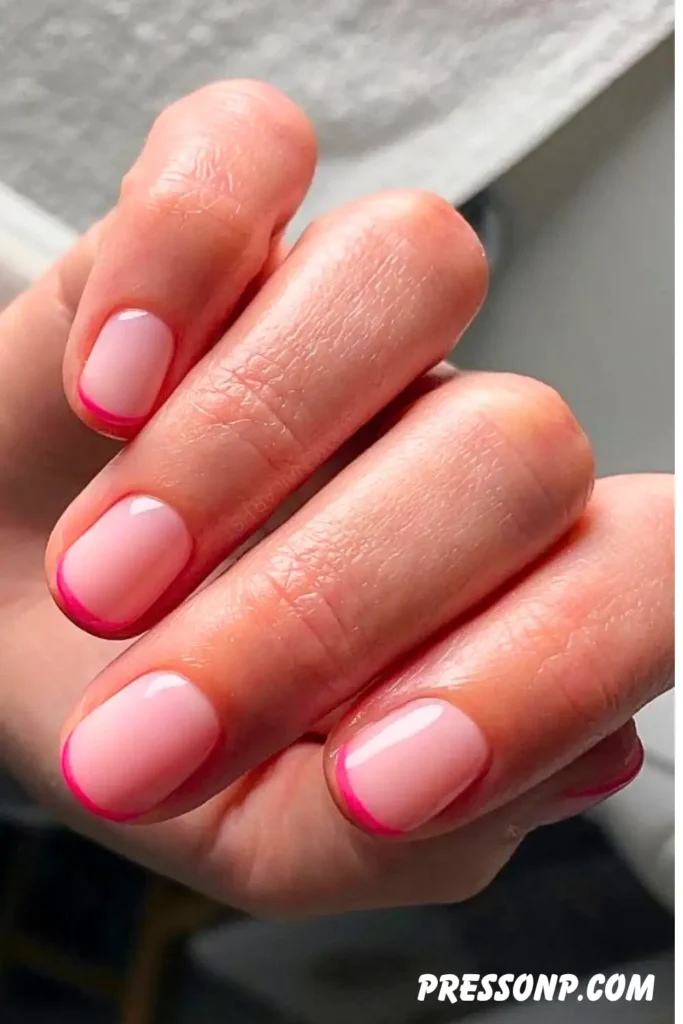 A close-up of a hand with short, neatly rounded natural nails featuring a sheer pink base coat and an ultra-thin, hot pink micro French tip.