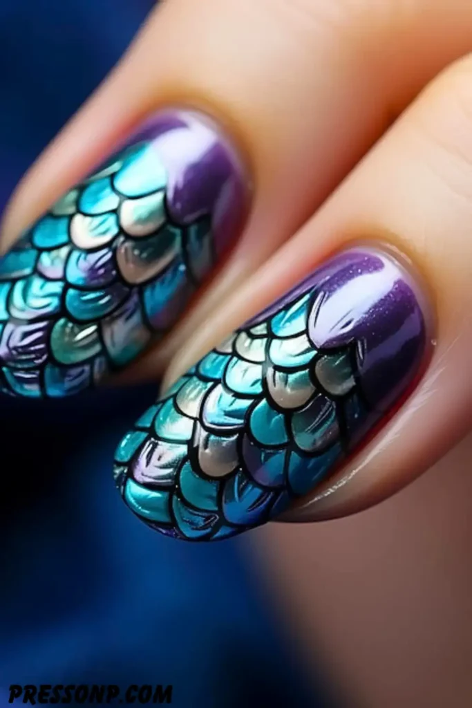 A tight macro shot of almond-shaped nails featuring a dramatic, metallic teal and deep purple fish scale pattern sculpted to mimic the flowing layers of a betta fish tail.