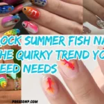 A wide horizontal YouTube thumbnail collage displaying four distinct fish-themed manicures. Bold, vibrant blue text overlays the middle section reading "ROCK SUMMER FISH NAILS: THE QUIRKY TREND YOUR FEED NEEDS."