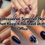 A wide horizontal YouTube thumbnail collage showcasing four chic, professional manicures in a grid layout. Bold, high-contrast dark text overlays the center section, reading "Professional Summer Nails."