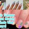 A vertical blog banner collage showcasing four distinct summer nail art designs arranged in a grid pattern. Stylized white text overlays the left side, reading "Aesthetic Summer Nails That Match Your Whole Vibe Board."