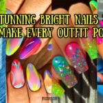 "A vibrant four-panel collage of stunning bright nail art on natural and medium lengths. Designs include neon geometric patterns in blue and pink, a matte sky-blue manicure with bold black and pink accents, a colorful aura-effect gradient with white flame details, and a neon green and pink glitter ombré. Bold yellow text reads: 'STUNNING BRIGHT NAILS TO MAKE EVERY OUTFIT POP.'"
