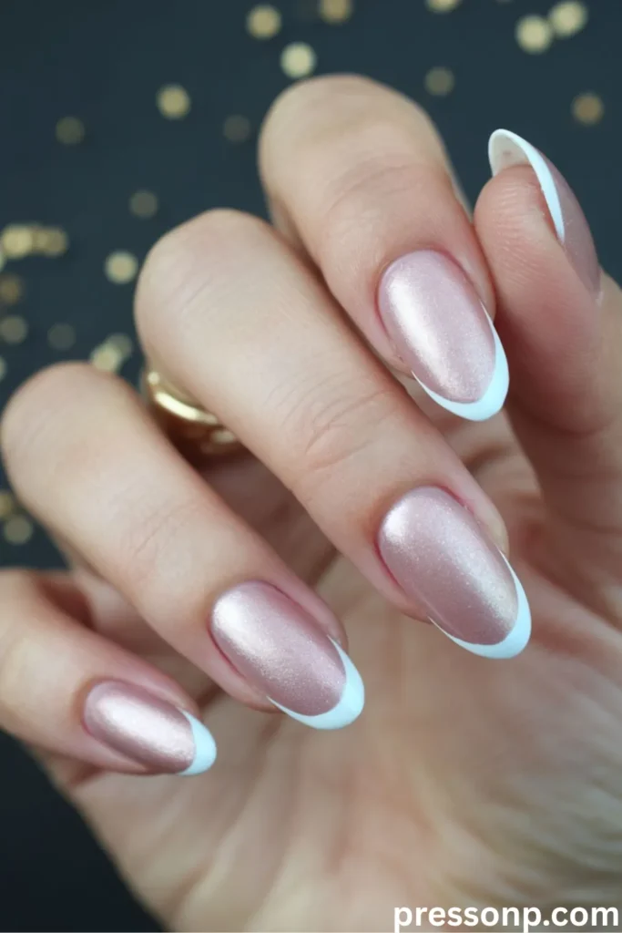 A close-up of a hand showcasing long, oval-shaped nails with a metallic rose gold chrome base coat finished with clean, bright white French tips.