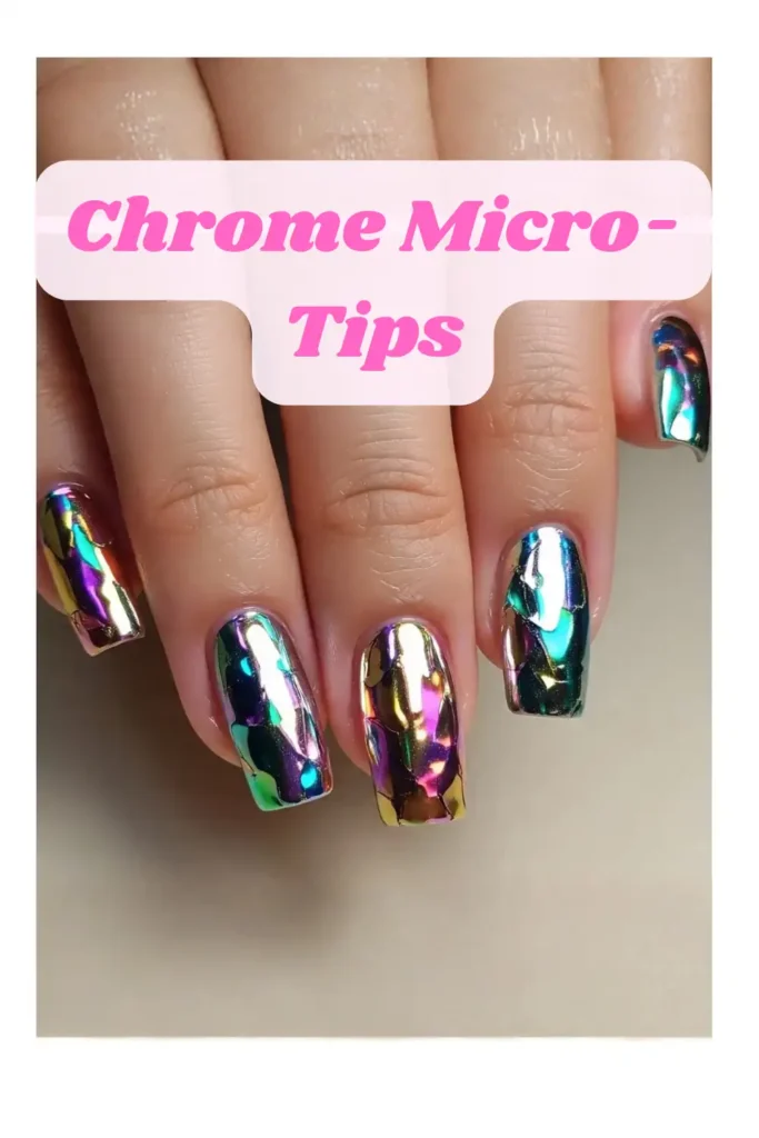 "A close-up of a hand featuring square-shaped nails with a multi-colored holographic chrome finish. The metallic texture shows reflections of teal, gold, and purple, with pink text overlaying the image that reads 'Chrome Micro-Tips' as a top Summer 2026 nail trend."