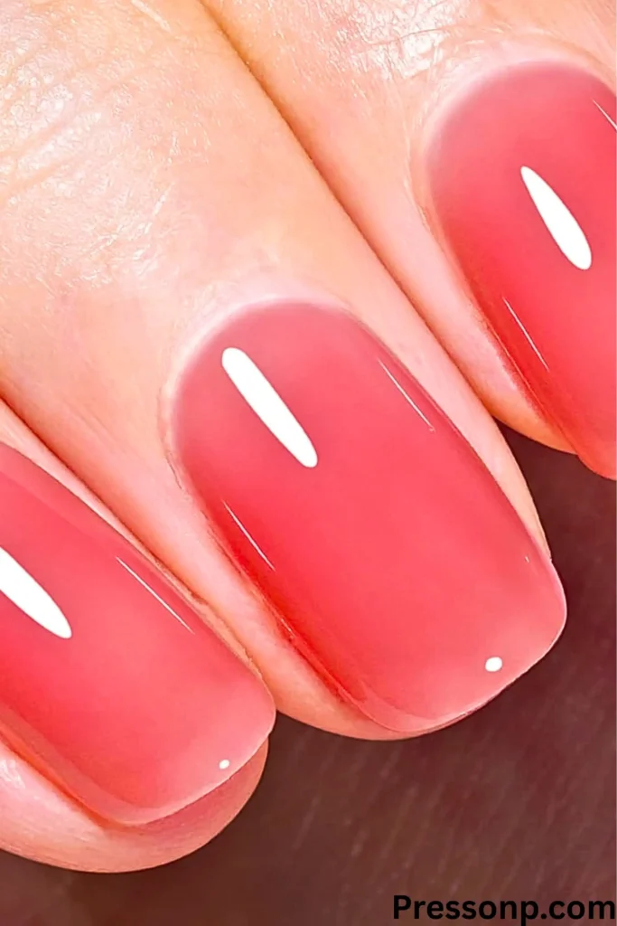 A close-up of three nails featuring a "Jelly Nail" manicure in a translucent, juicy strawberry-pink shade with a high-gloss finish.