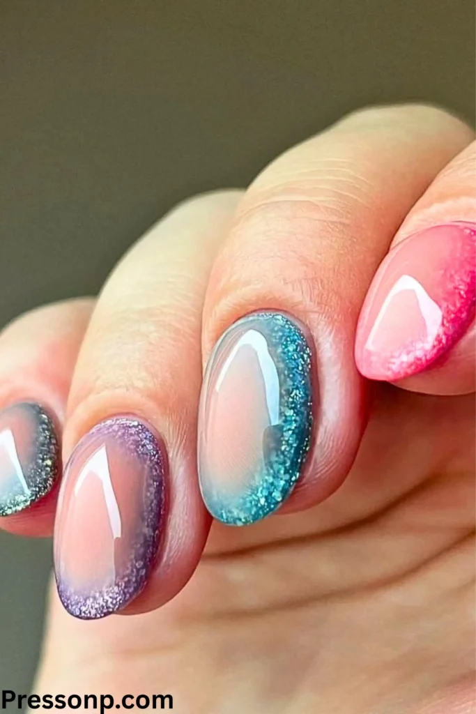 A close-up of almond-shaped nails featuring a "pink aura" design. Each nail has a soft, blurred gradient with a glowing hot pink center that fades into a pale, milky pink edge.