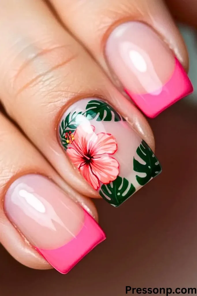 A close-up of a square-shaped French manicure featuring bright pink tips and a statement nail with a detailed pink hibiscus flower and green monstera leaf art.