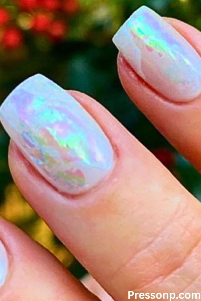 A close-up of almond-shaped nails featuring a "Mother-of-Pearl" chrome finish with a soft, iridescent white shimmer.