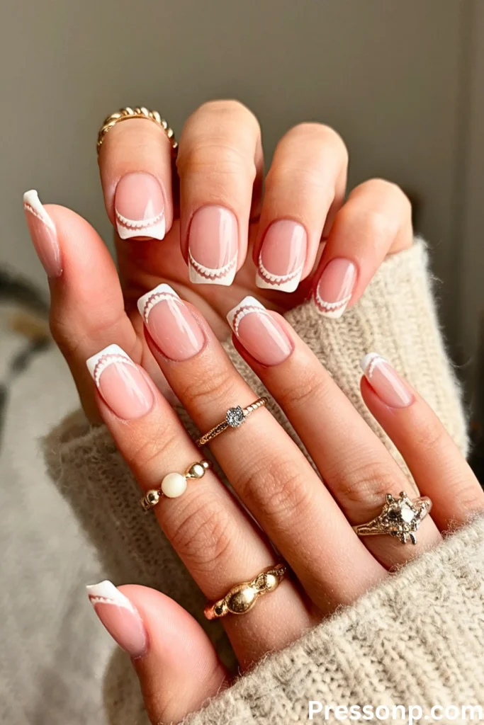 A hand featuring a "Scalloped French Tip" manicure. The square-shaped nails have a glossy nude base with white tips detailed with a delicate, shell-like scalloped lace edge.