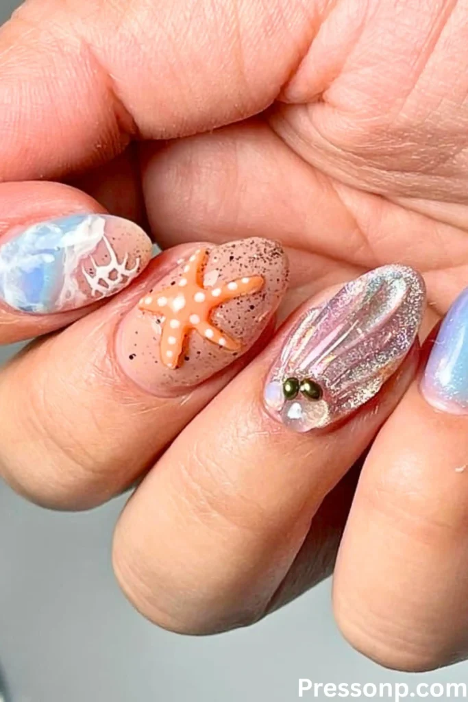 A close-up of a hand featuring a "Sailor Chic" manicure with 3D nautical art, including an orange starfish, sandy textures, and white ocean wave patterns on almond-shaped nails.
