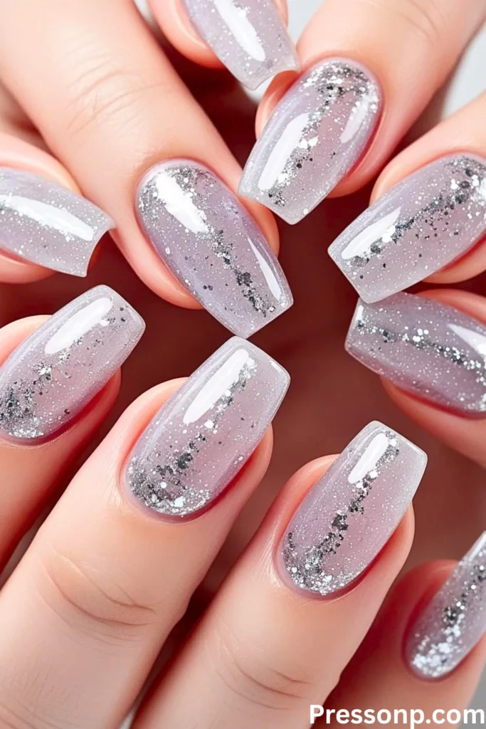 A close-up of coffin-shaped nails featuring a "Sea Glass" effect with a translucent lavender base and a shimmering diagonal streak of silver glitter.