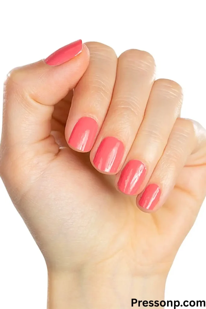 A hand with short, square-shaped nails painted in a glossy, vibrant coral-pink polish, set against a plain white background.