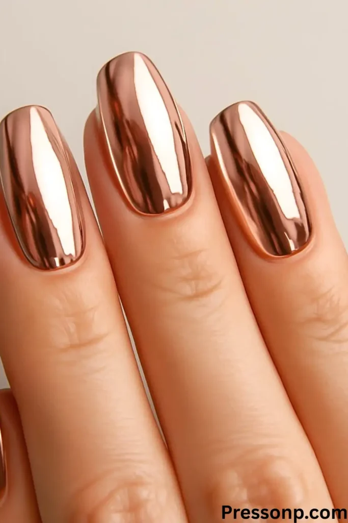 A close-up shot of long, almond-shaped nails featuring a highly reflective, metallic rose gold chrome finish against a neutral background.