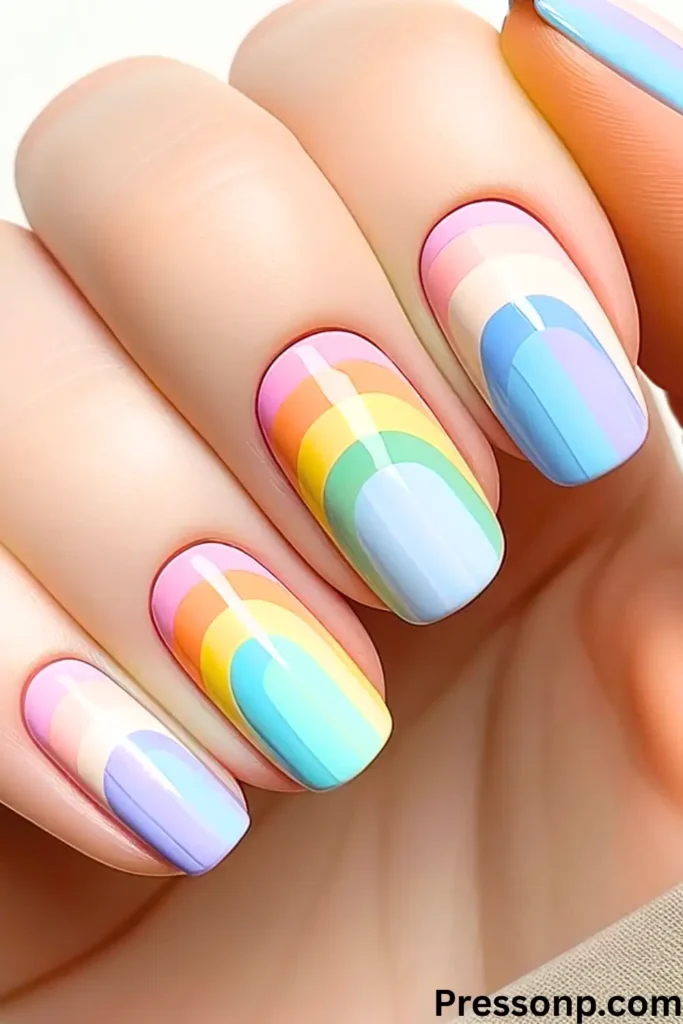 A close-up of a hand with square-shaped nails featuring a glossy pastel rainbow design. Each nail has multiple curved bands of soft colors including pink, orange, yellow, green, and blue.