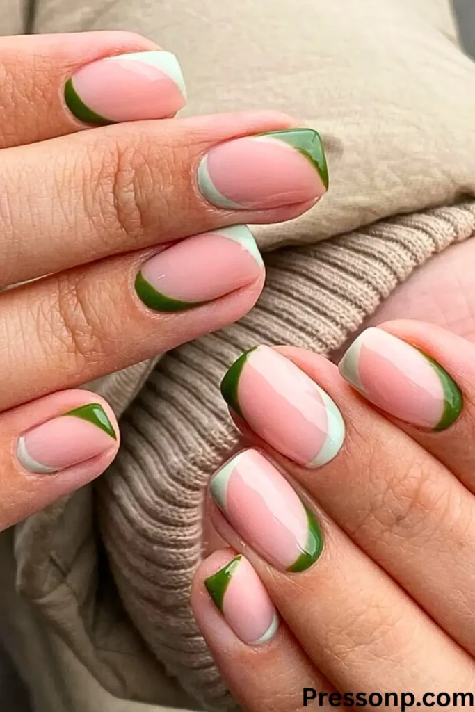 A close-up of a hand featuring a modern French manicure with a twist. The square-shaped nails have a sheer nude base with asymmetric, dual-colored tips in forest green and pale mint.