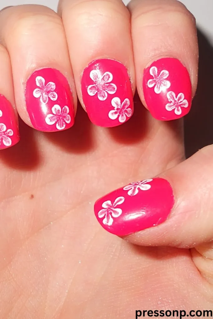 A close-up of short, rounded nails painted in a vibrant, glossy hot pink base color and decorated with hand-painted white five-petal cherry blossom or daisy floral art.