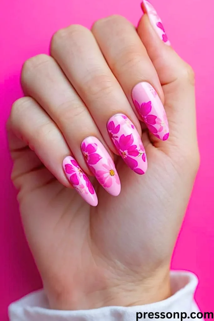 A close-up of almond-shaped nails featuring a mix of solid glossy hot pink polish and white accent nails decorated with delicate pink and green floral patterns.