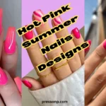 A three-panel collage showcasing hot pink summer nail designs, featuring long coffin-shaped ombré nails, pink and white swirl patterns, and solid pink almond nails with a strawberry-textured accent.