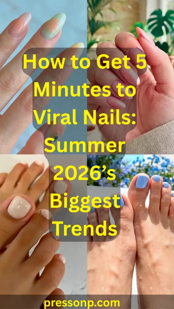 A four-quadrant collage showcasing Summer 2026 nail trends: almond-shaped manicures with iridescent shimmer and soft pink gradients, alongside pedicures in creamy off-white and vibrant sky blue. Centered yellow text reads, "How to Get 5 Minutes to Viral Nails: Summer 2026’s Biggest Trends."