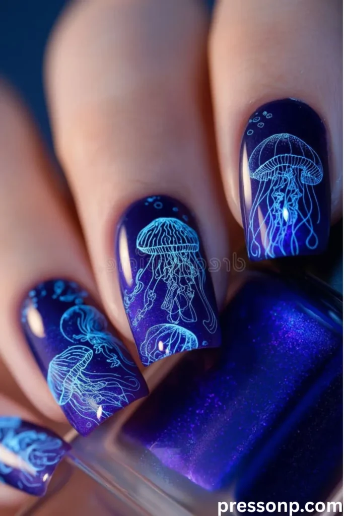 A macro photograph of long, square-oval nails featuring an ultra-glossy deep violet-indigo base coat decorated with detailed, glowing neon blue line art of floating jellyfish.