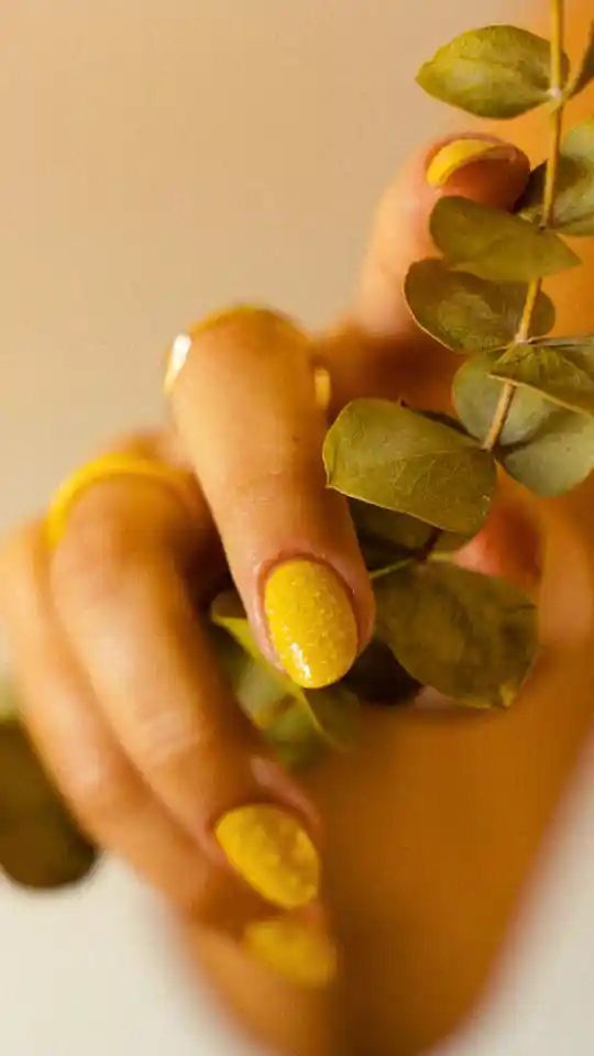 A hand with bright yellow textured nail polish holding a sprig of dried eucalyptus. The warm, golden lighting enhances the "Lemon Zest" aesthetic of the manicure.