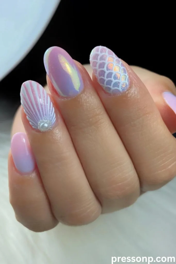 A close-up of a hand showcasing long oval nails featuring a lavender and pink iridescent chrome manicure decorated with intricate 3D mermaid scale textures and a raised seashell accent nail complete with a small pearl charm.