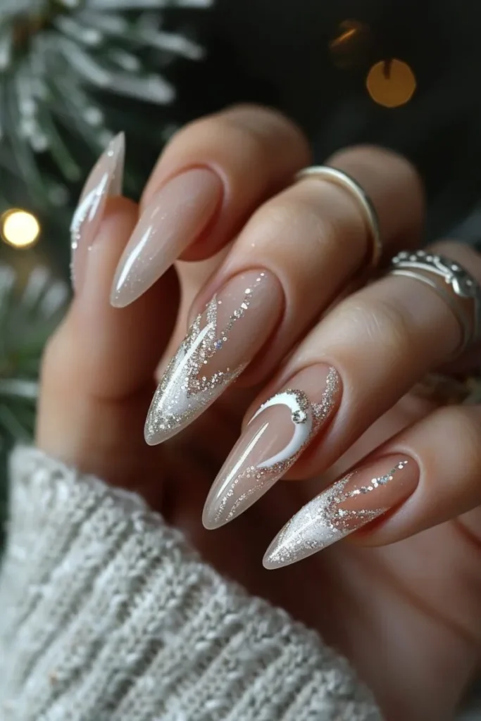 A close-up of extra-long, sharp stiletto nails featuring a glossy nude base decorated with a modern, asymmetric design of sparkling silver glitter swirls and a crisp white half-moon crescent accent.