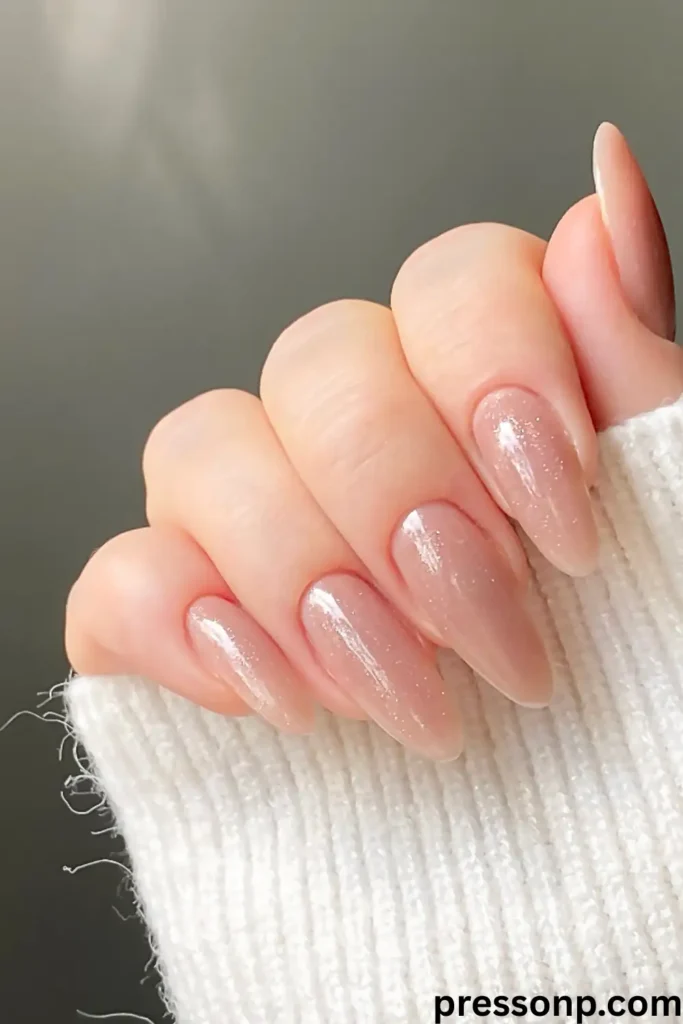A close-up of a hand showcasing short, uniformly shaped round nails painted in a smooth, high-gloss solid creamy nude-beige lacquer.