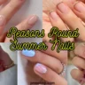 A vertical graphic collage featuring five elegant and minimalist nail art designs on natural, round-shaped nails. Scripted yellow text in the center reads "Reasons Round Summer Nails."