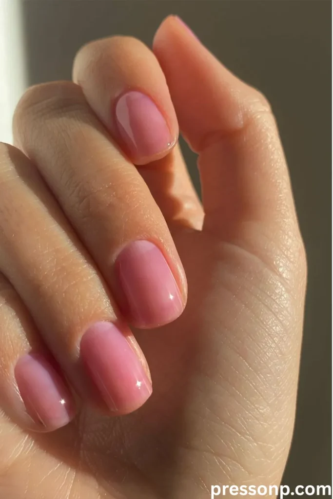 A close-up of a hand showcasing short, squoval-shaped nails with a high-shine, semi-translucent syrup manicure in a soft bubblegum pink hue.