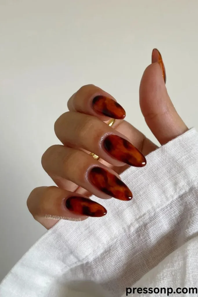 A close-up of a hand showcasing long, almond-shaped nails with a glossy, translucent tortoiseshell pattern in rich amber, caramel, and dark brown tones.