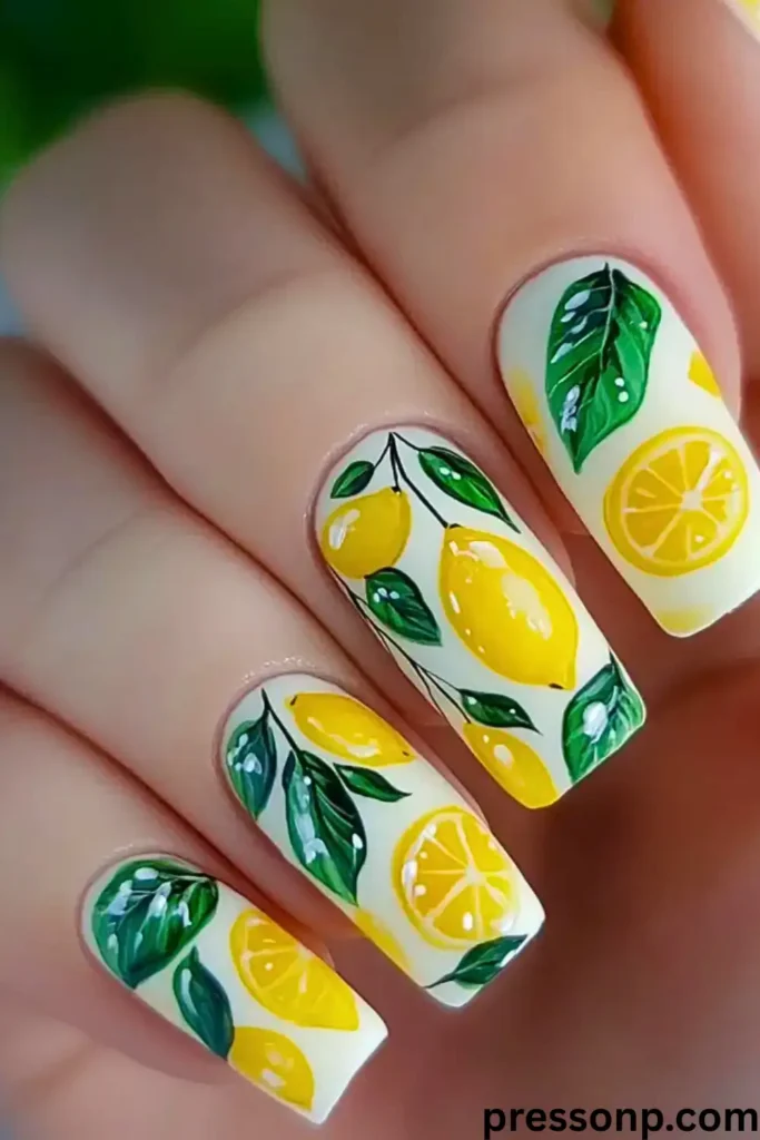 A close-up of long, square-shaped nails painted with a milky white base and decorated with detailed, vibrant hand-painted whole yellow lemons, lemon slices, and lush green leaves.