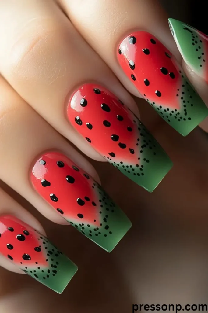 A close-up of long, square-shaped nails featuring a vibrant summer watermelon design with a red-to-green gradient base and hand-painted black seeds.