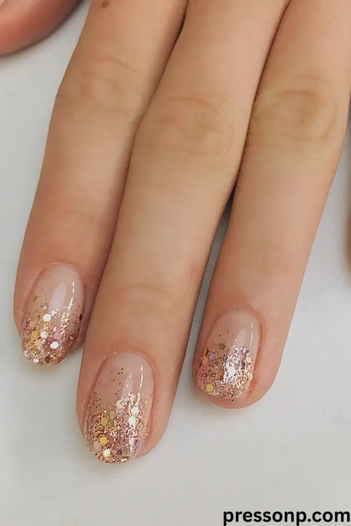 A close-up of short, glossy natural nails featuring a sheer nude base and a festive rose gold glitter fade concentrated heavily at the cuticles and scattering toward the center.