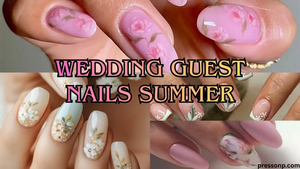 A wide horizontal YouTube thumbnail collage showing four elegant, formal manicures in a grid layout. High-contrast dark text overlays the center section reading "Wedding Guest Nails Summer."