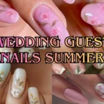 A wide horizontal YouTube thumbnail collage showing four elegant, formal manicures in a grid layout. High-contrast dark text overlays the center section reading "Wedding Guest Nails Summer."
