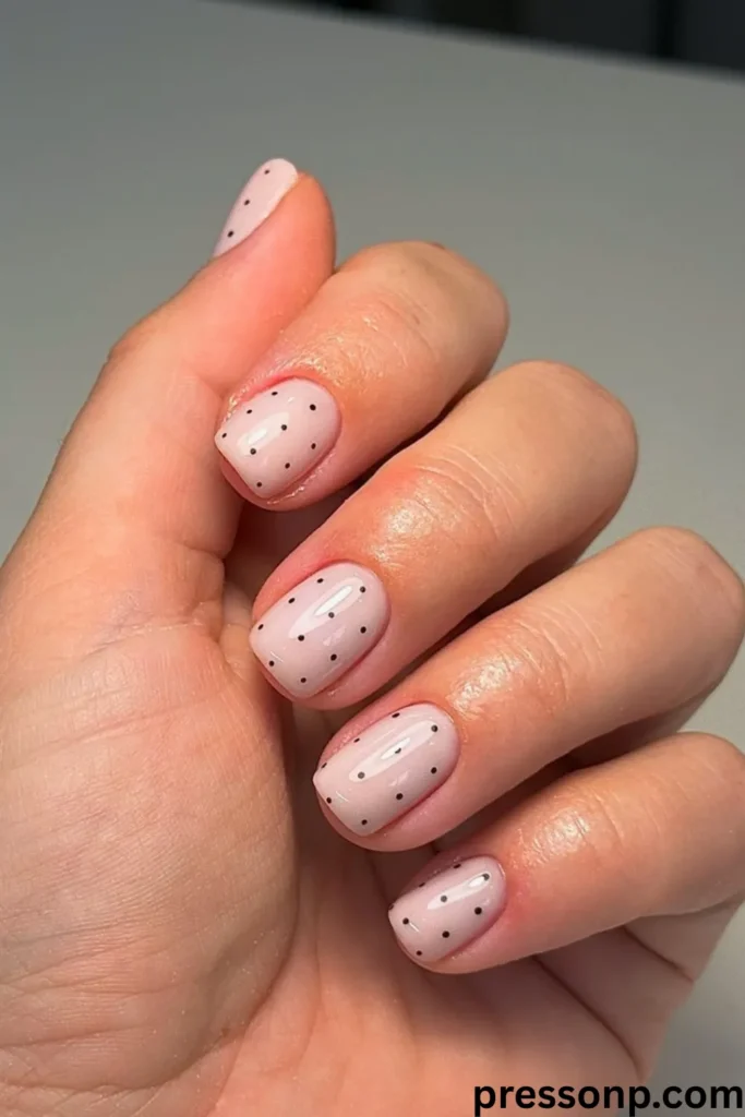 A close-up of short, square-oval nails featuring a glossy, pale milky-pink base decorated with a minimalist pattern of tiny, hand-painted black polka dots.