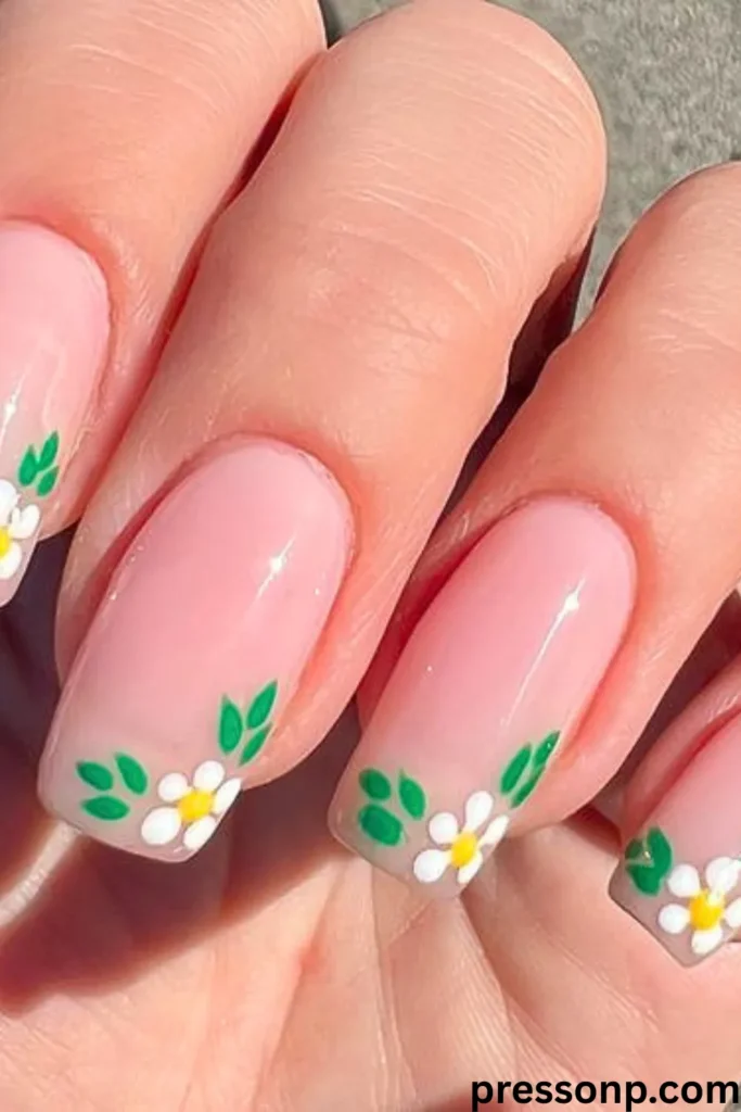A close-up of long, square-shaped nails featuring a glossy, sheer pink base coat decorated with hand-painted white and yellow daisies along with green leaves at the tips.
