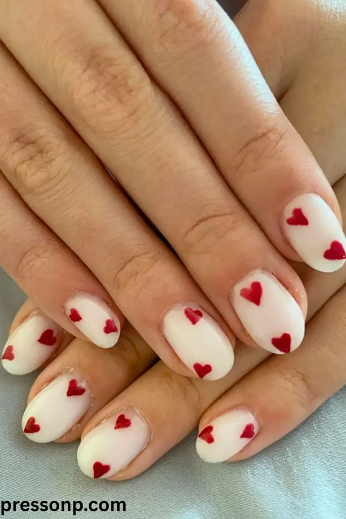 A close-up of short, oval-shaped nails with a clean milky white base coat, evenly decorated with miniature hand-painted red hearts on each nail.