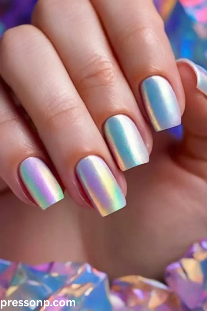 A close-up of long, square nails featuring a shimmering, light-catching pink iridescent base overlaid with a fine black fishnet diamond grid pattern