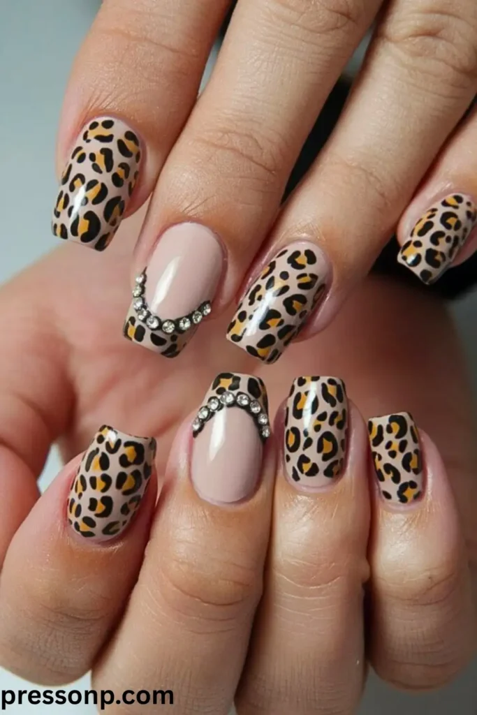 A close-up of short, square-shaped nails featuring a classic tan and black leopard print pattern over a nude base coat, accented with curved lines of tiny glittering rhinestones.