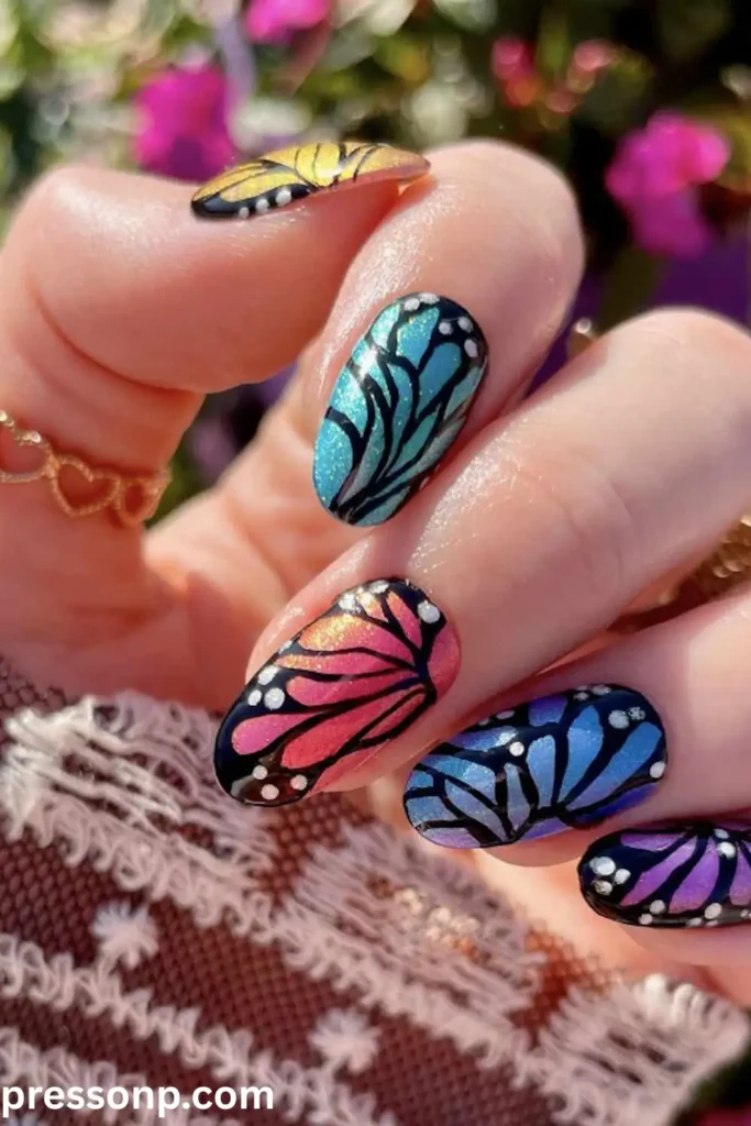 A close-up of a hand with oval-shaped nails showcasing a detailed butterfly wing manicure, with each nail painted in a different glittering pastel shade and overlaid with black veins and tiny white dots.