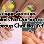 A horizontal YouTube thumbnail collage showcasing four maximalist, eye-catching summer nail designs. Bold light-green text with a thick black outline is centered across the image, reading: "7 Unique Summer Nails No One in Your Group Chat Has Yet."