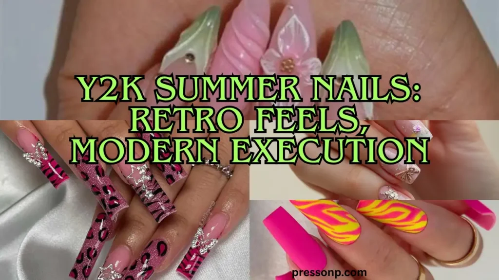A horizontal YouTube thumbnail collage highlighting four nostalgic early-2000s inspired nail designs. Green text with a black outline overlays the center, reading: "7 Y2K Summer Nails: Retro Feels, Modern Execution."